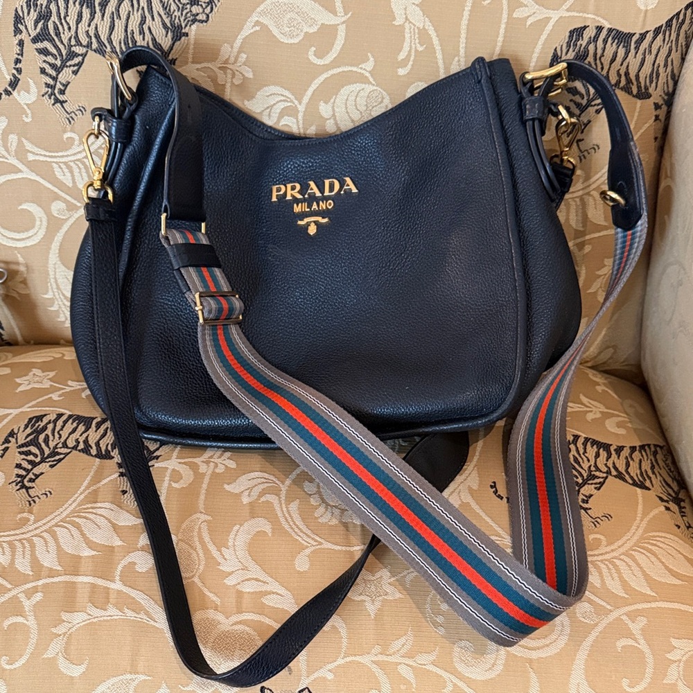 Prada Black Leather Shoulder Bag with extra removable Striped and leather Strap